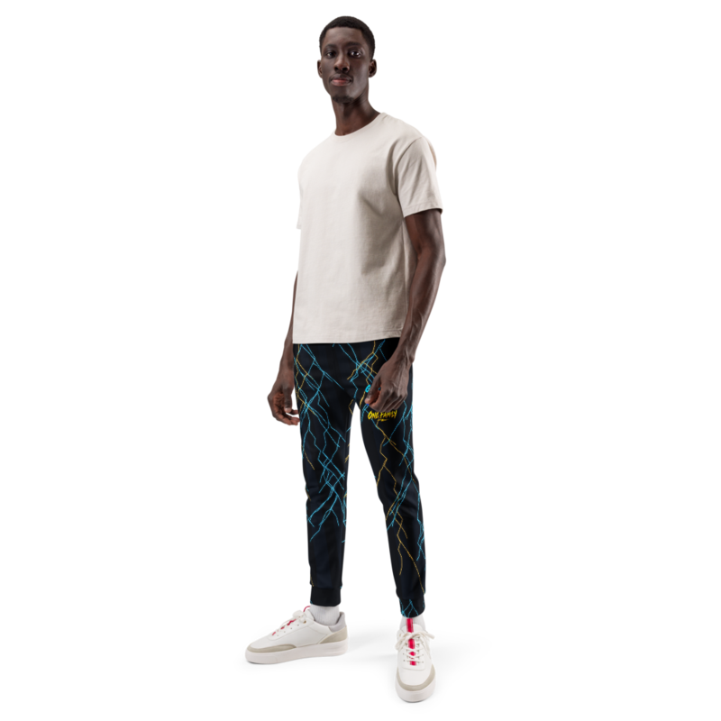 Matching Steph1 Founder joggers with blue and gold lightning