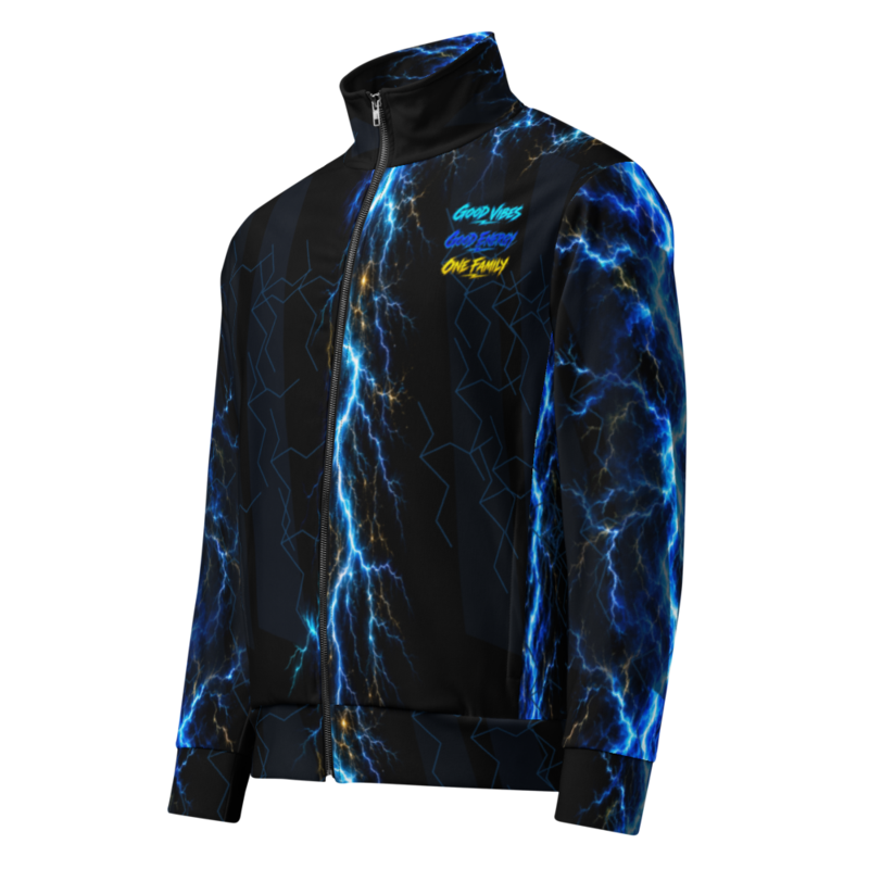 Steph1 Founder Track Jacket with electric blue lightning and the full slogan