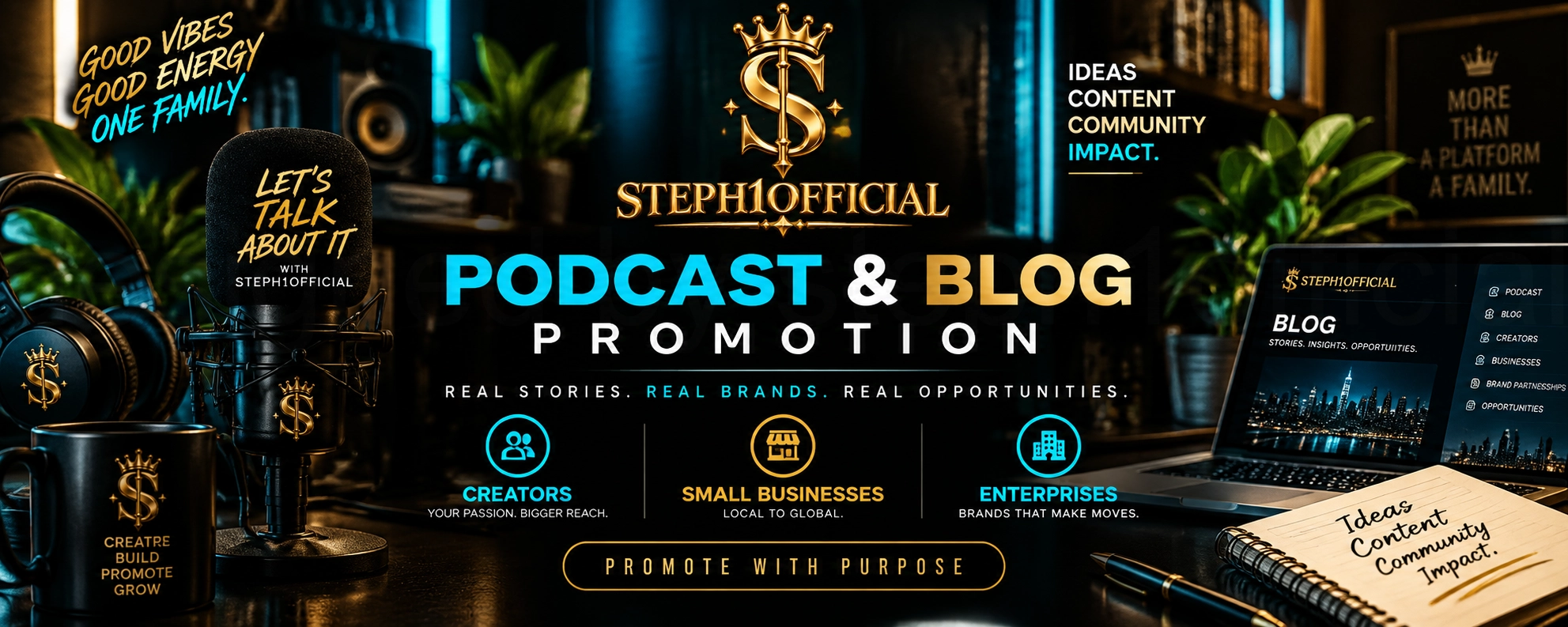Steph1official Podcast & Blog Promotion banner featuring the crowned S logo, podcast microphone, creative workspace, and promotional opportunities for creators, small businesses, and enterprises.